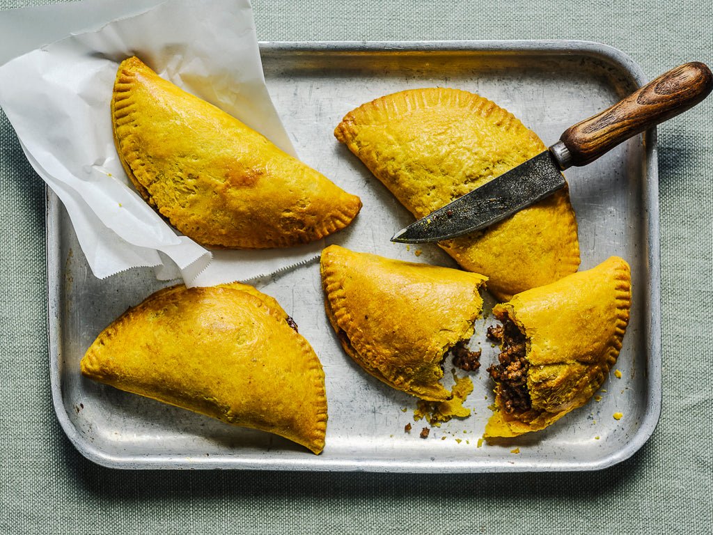 Jamaican beef patties filled with lean 5% steak mince sustainably sourced by Freybors (100% grass-fed, UK artisan farms)
