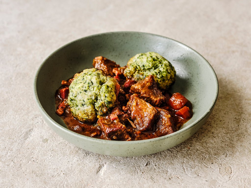 suet spinach chive and marjoram dumplings (cooked dish)