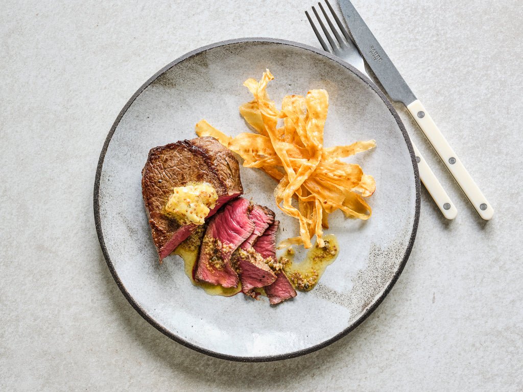 beef rump pave steak (cooked dish)