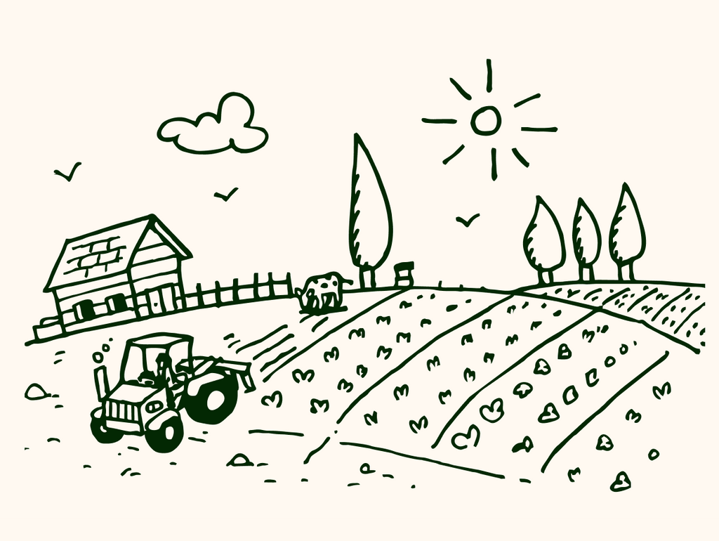 hand drawn farm with fields, a tractor and a cute house (vector art image)