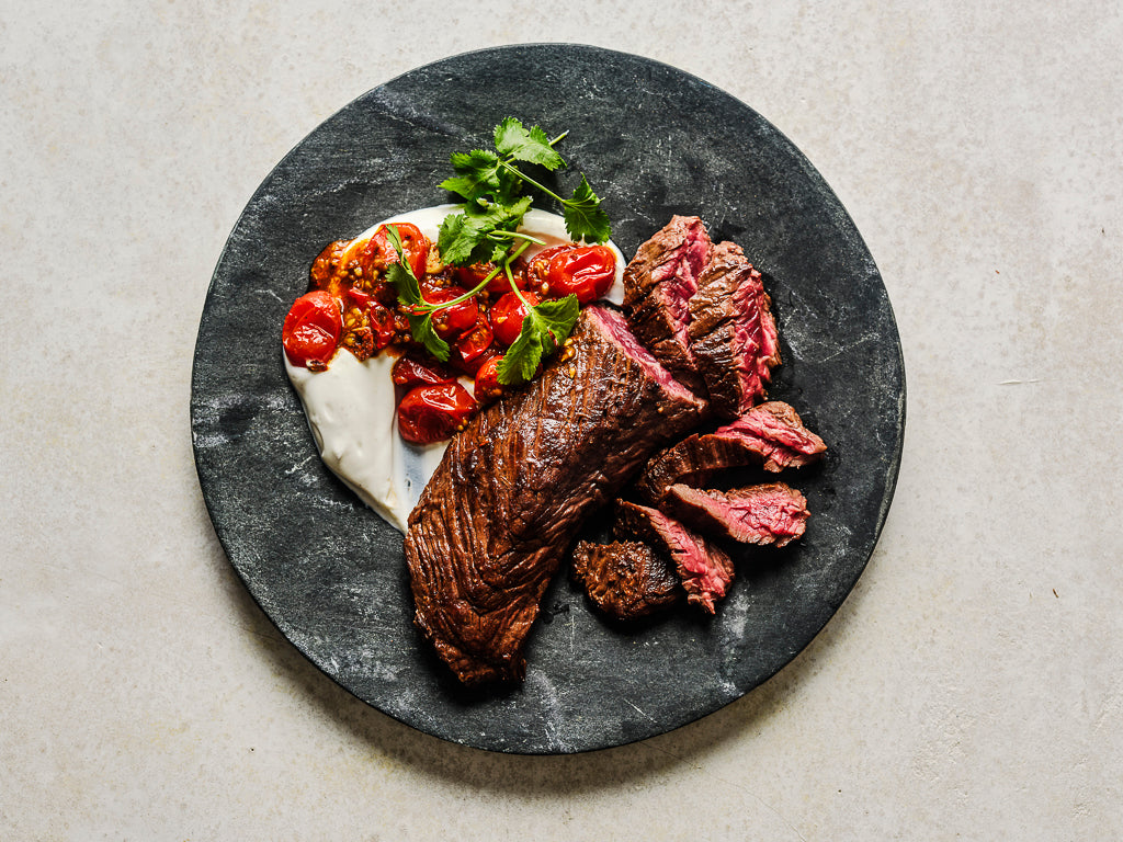 hanger steak onglet marinated with spices and grilled (cooked dish)