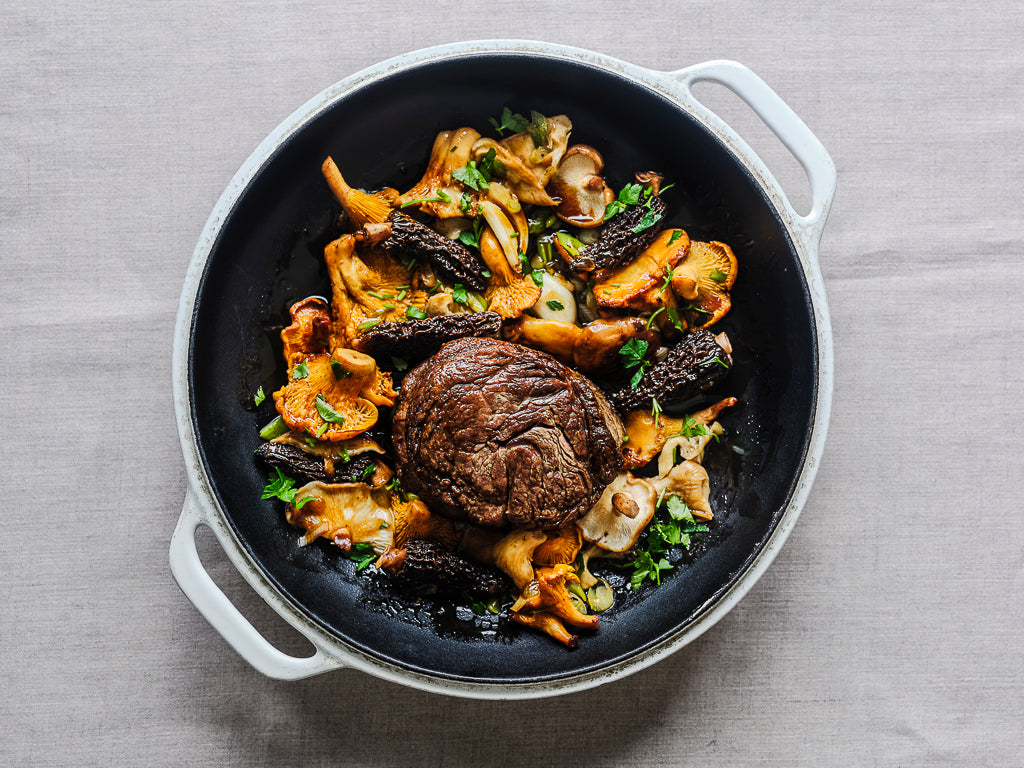 ribeye cap steak pan fried with wild mushrooms (cooked dish 2)