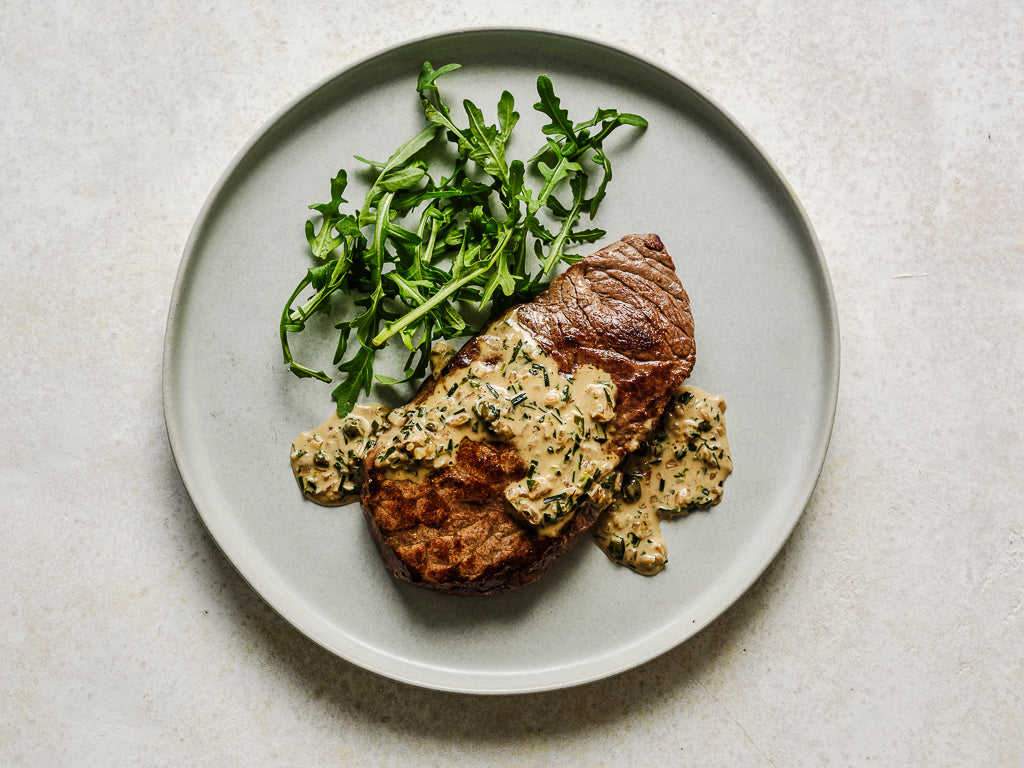 top rump centre cut steak marinated and pan fried (cooked dish)